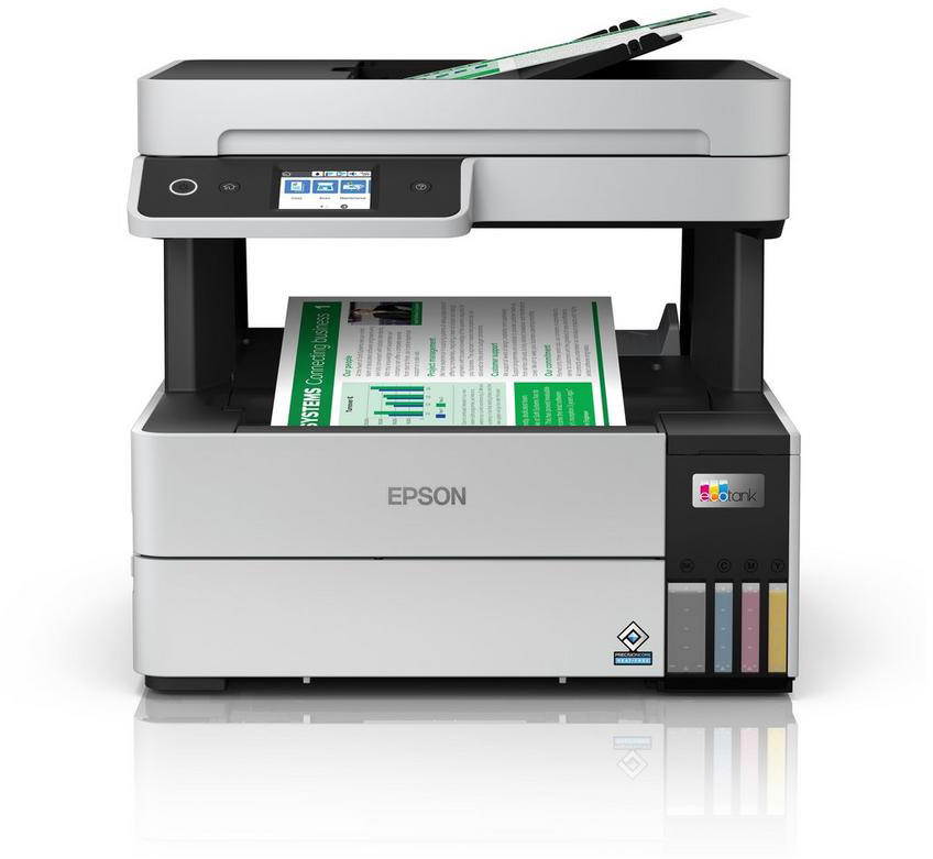 Epson printer with a document in the scanner and ink tanks visible.