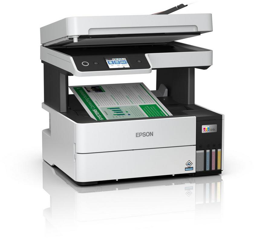 White Epson printer with open scanner lid. A printed page is visible inside.
