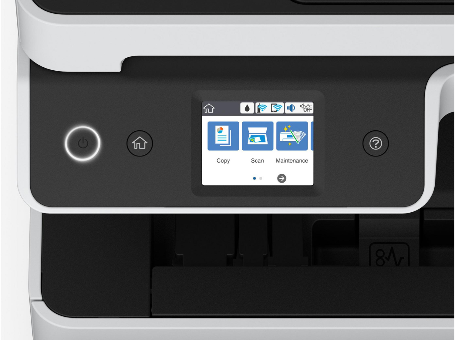 Close-up of a printer control panel with a screen. The screen displays icons for copy, scan, and maintenance.