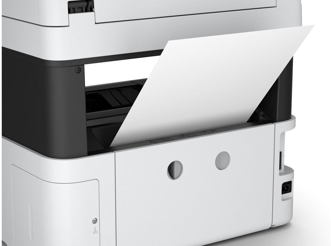 A white printer with a paper tray open, with a white sheet of paper coming out.