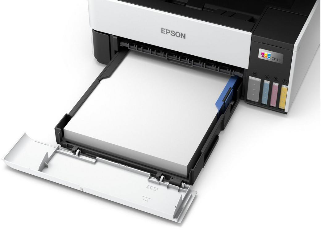 Printer tray with paper, printer is mostly white.
