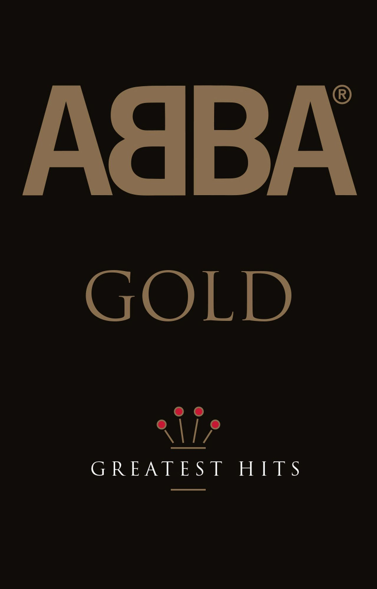 ABBA Gold Albumcover, brauner Text und Logo auf schwarzem Hintergrund, darunter 'Greatest Hits'.