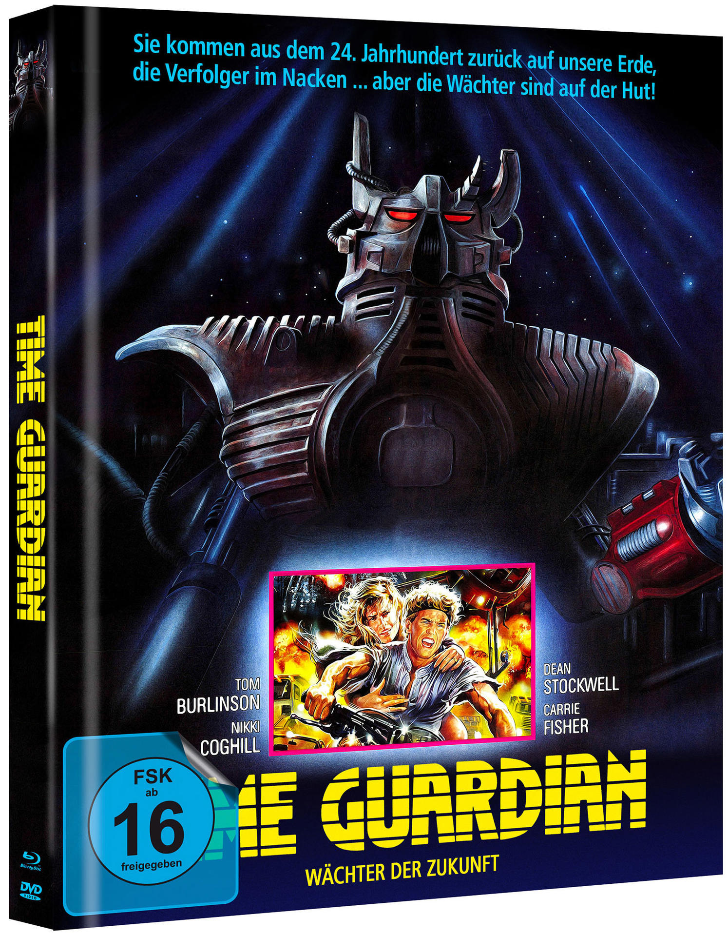 Filmcover für „Time Guardian“ mit einem Roboter und einem Paar im Zentrum, dunkler Hintergrund.