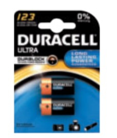 Duracell Ultra batteries package. Two AA batteries shown. Black and orange packaging.