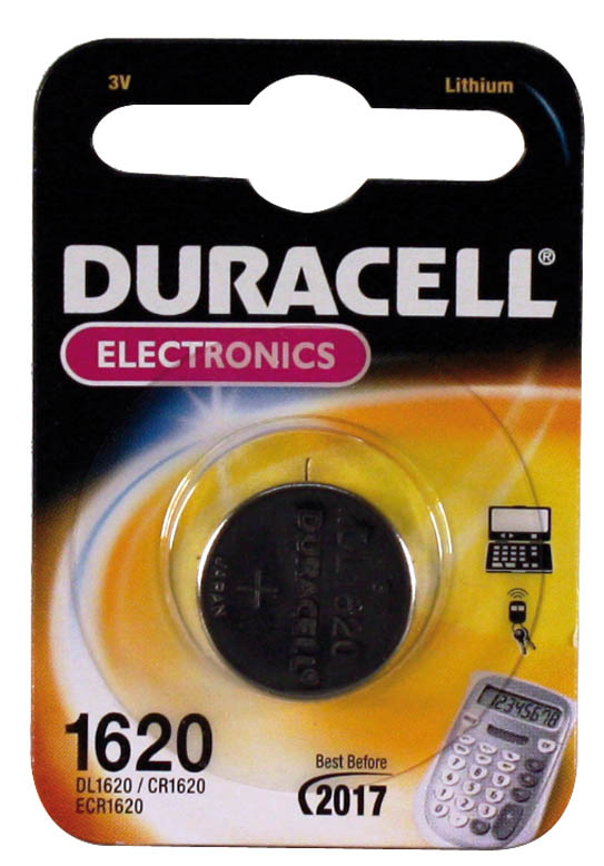 Duracell Electronics 1620 batterijpakket. Zwarte batterij met plus, in blisterverpakking.