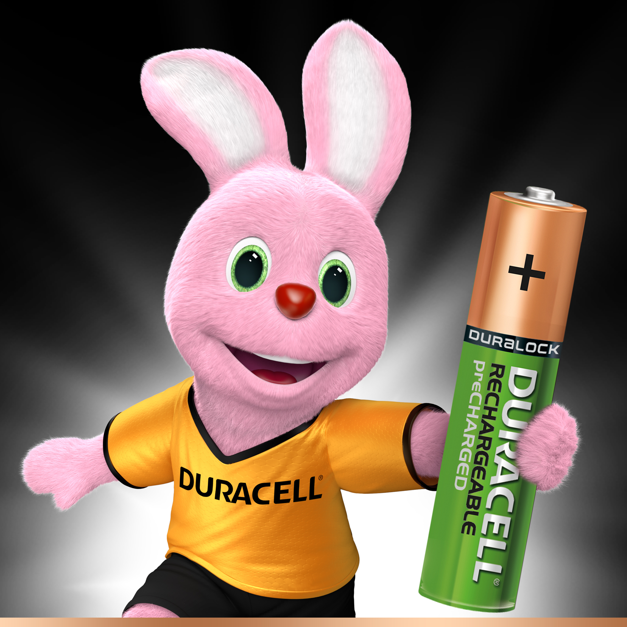 Een roze Duracell-konijn met een oplaadbare Duracell-batterij.