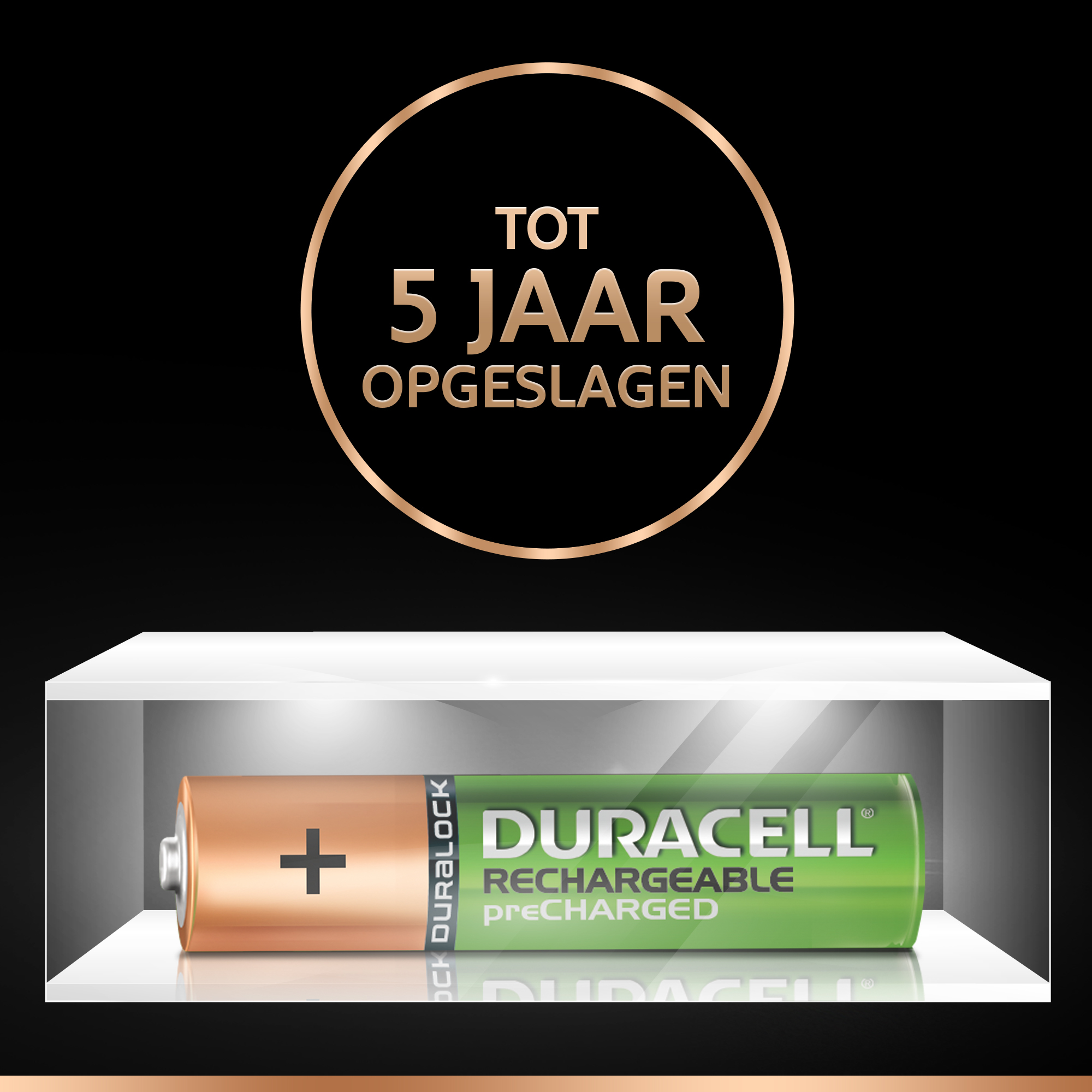 Oplaadbare Duracell-batterij, in een display, met de tekst '5 jaar opgeslagen'.
