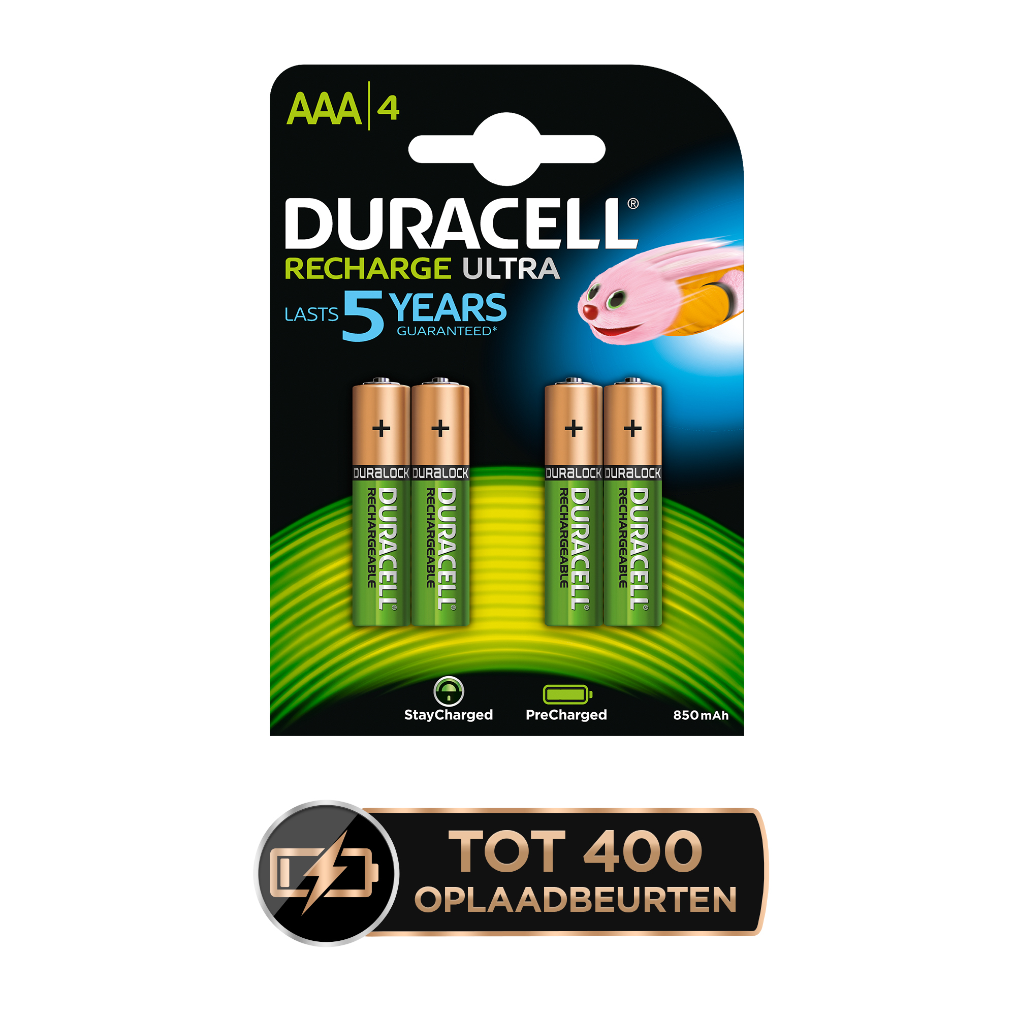 Duracell AAA-batterijen in een verpakking. Batterijen zijn groen en goud. Tekst zegt 'Recharge Ultra' en '5 jaar'.