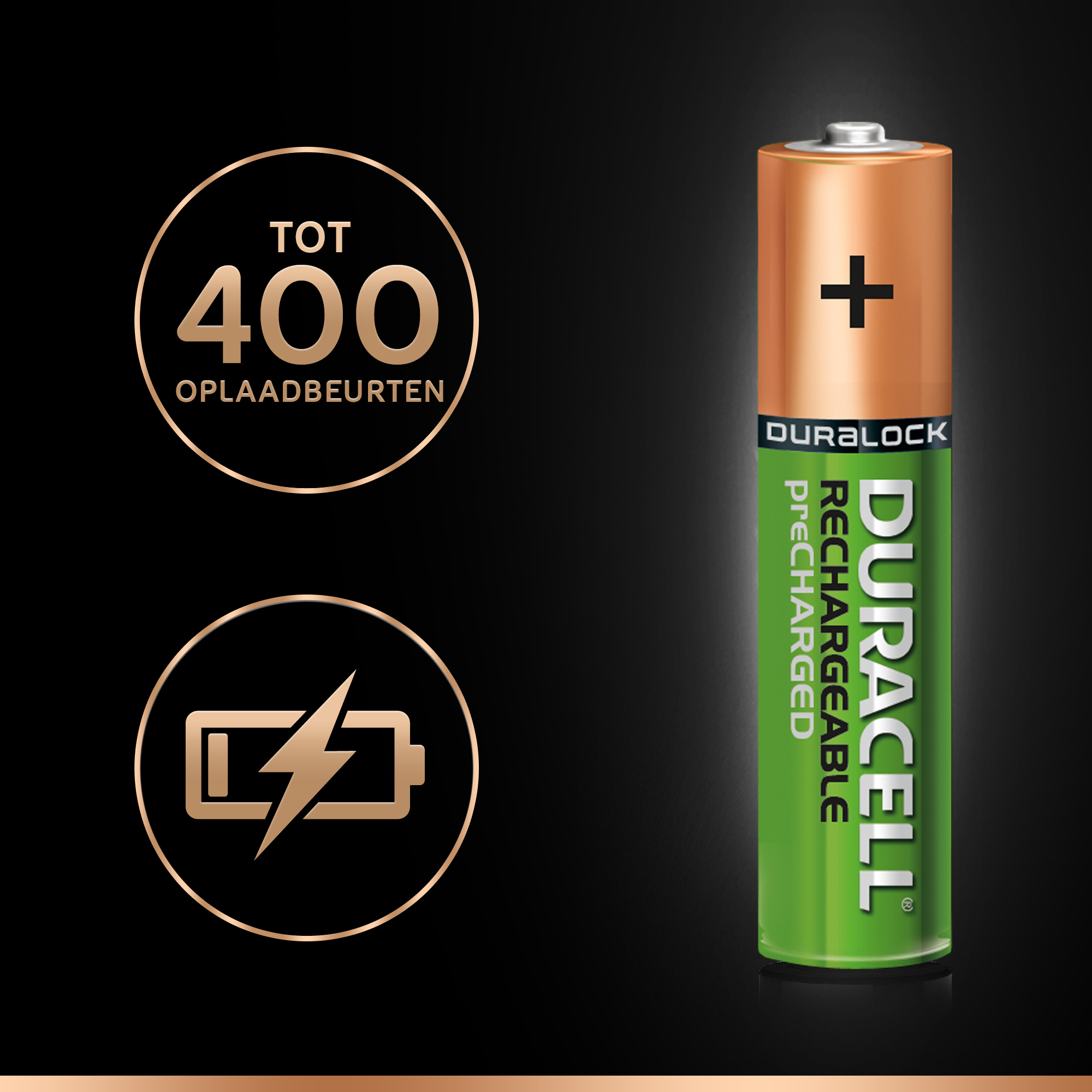 Oplaadbare Duracell-batterij met een plus-teken. Het heeft een bliksempictogram.