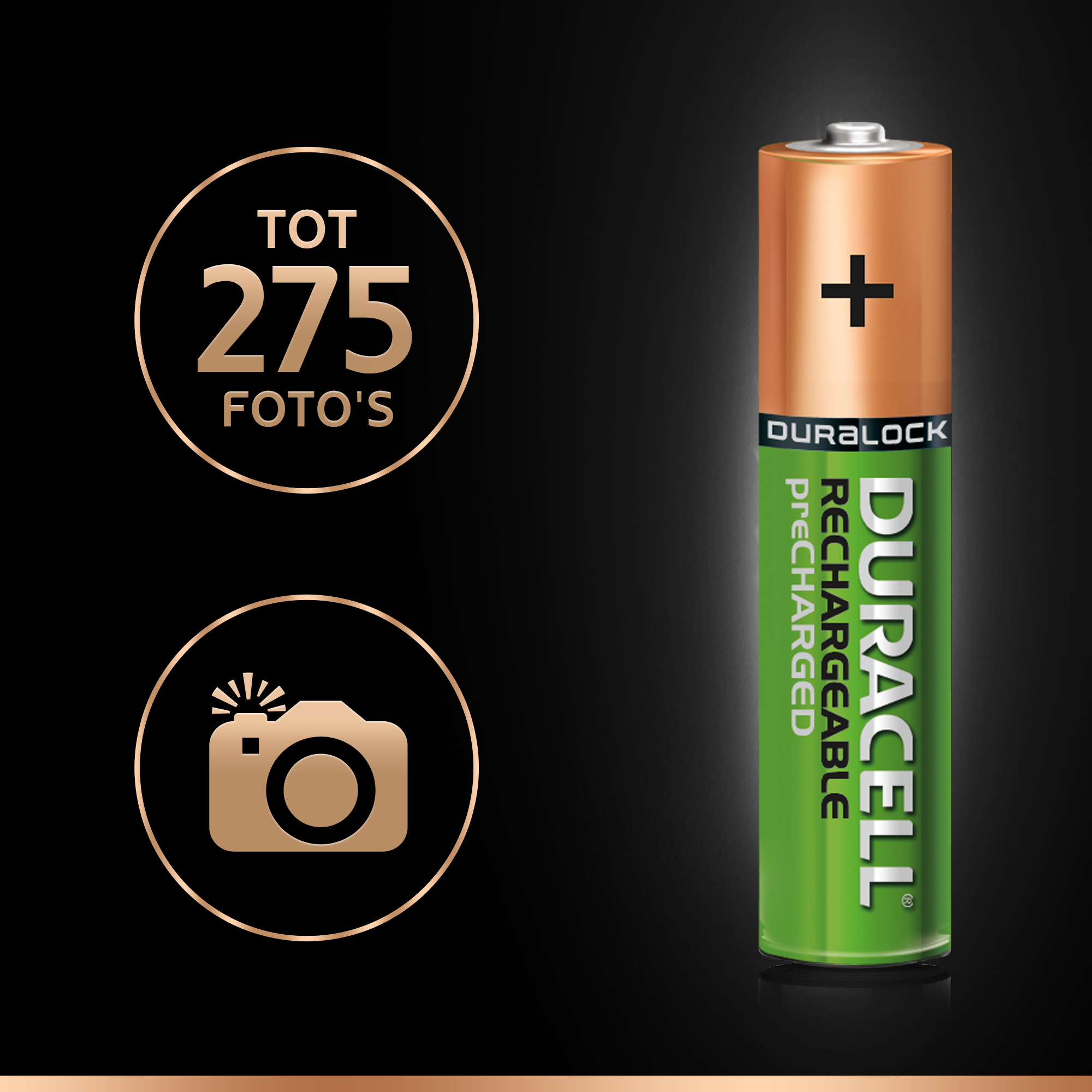 Een oplaadbare Duracell-batterij met 275 foto's en camera-iconen op een zwarte achtergrond.