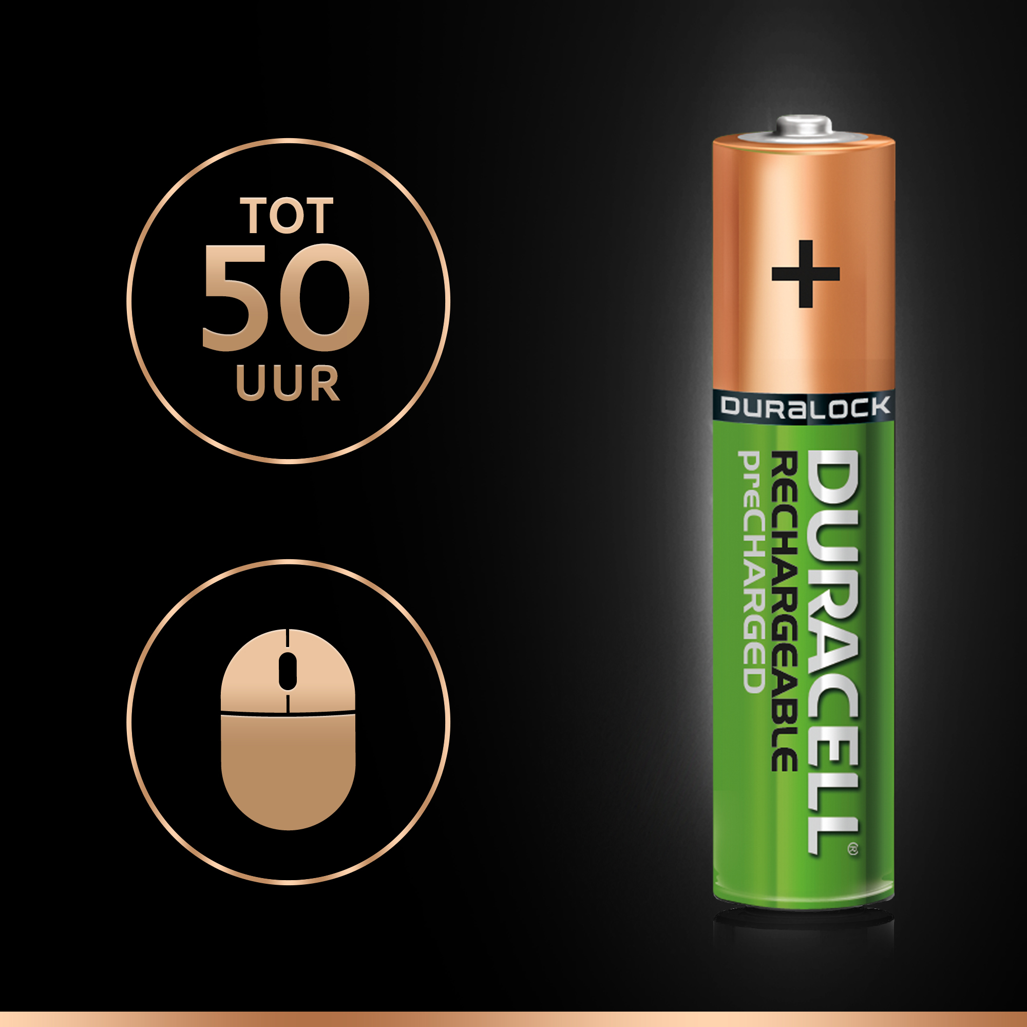 Duracell oplaadbare batterij met muis-icoon en tekst op zwarte achtergrond.