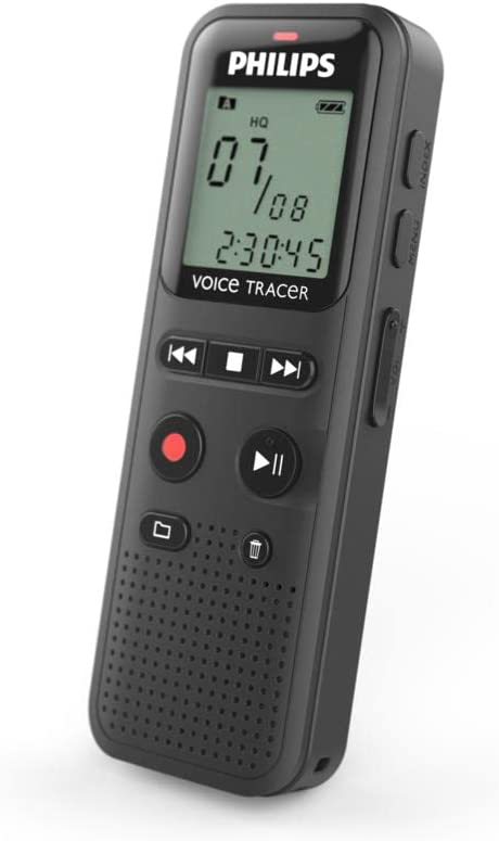 A black Philips Voice Tracer recorder. It has buttons and a screen displaying time.