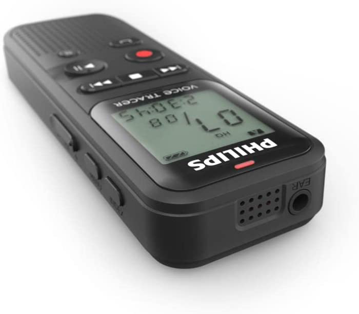 Black Philips voice recorder with a display showing time and a play/pause button.