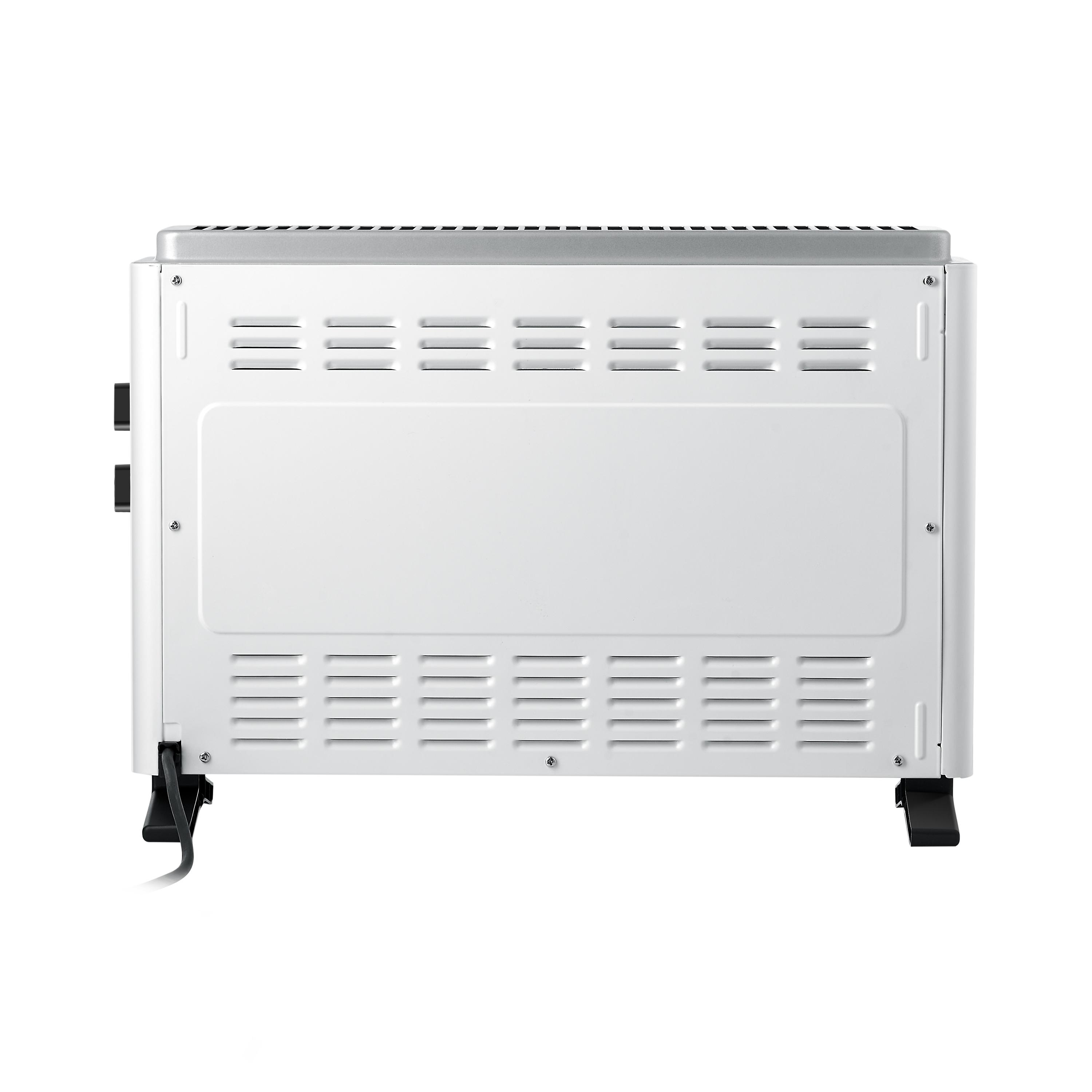 Rückansicht einer weißen Elektroheizung. Die Rückseite hat Lüftungsschlitze und ein Netzkabel.