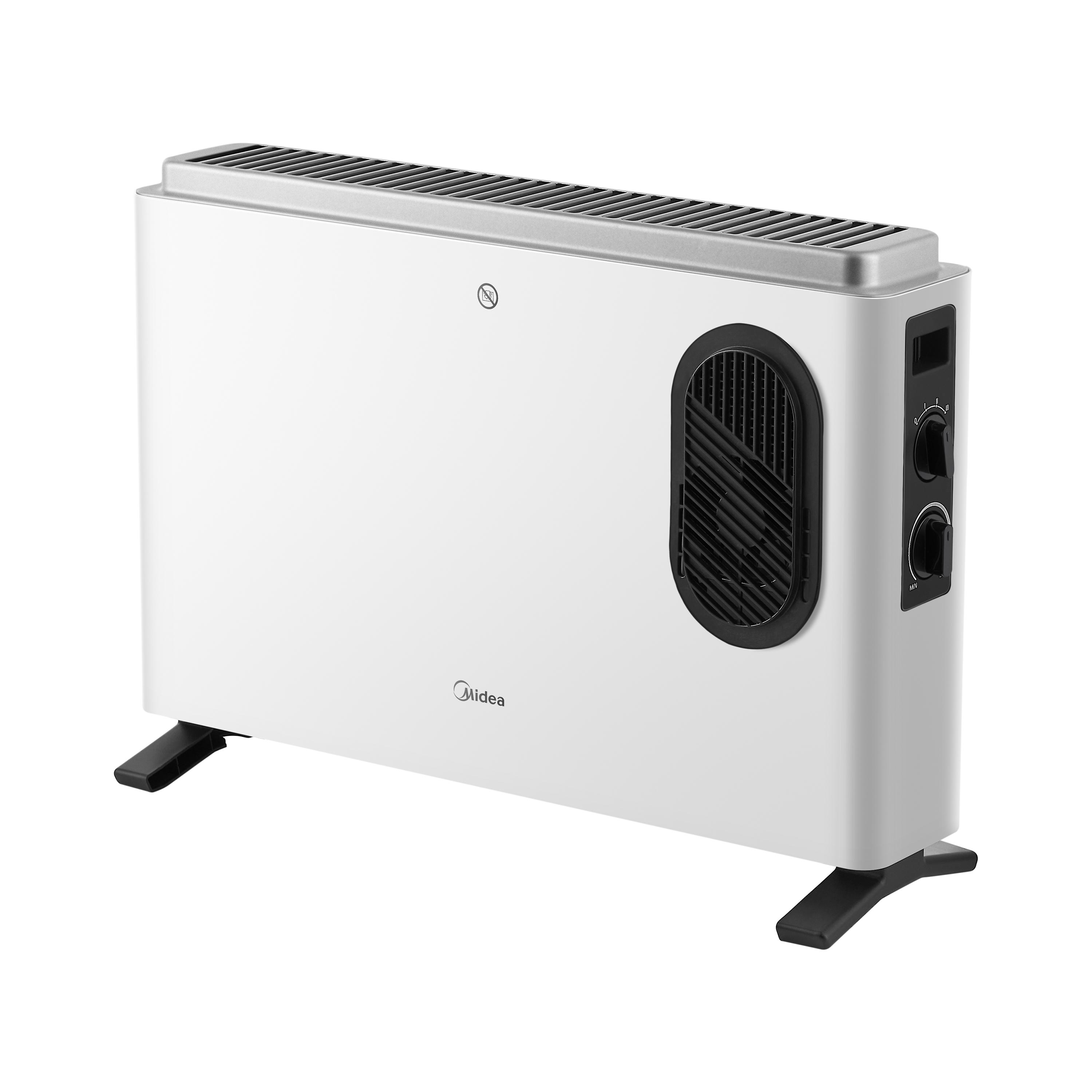 Weißer elektrischer Heizlüfter mit schwarzen Bedienelementen. Das Midea-Logo ist sichtbar.