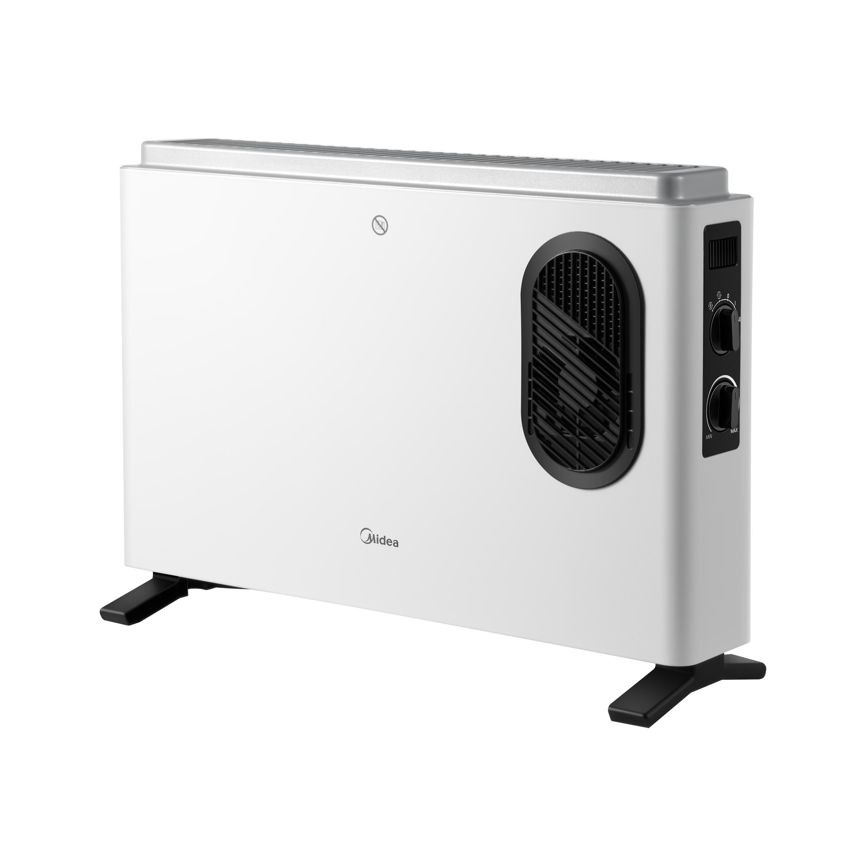 Weißer Midea-Heizlüfter mit schwarzen Füßen und einem schwarzen Lüfter an der Seite, vor weißem Hintergrund.