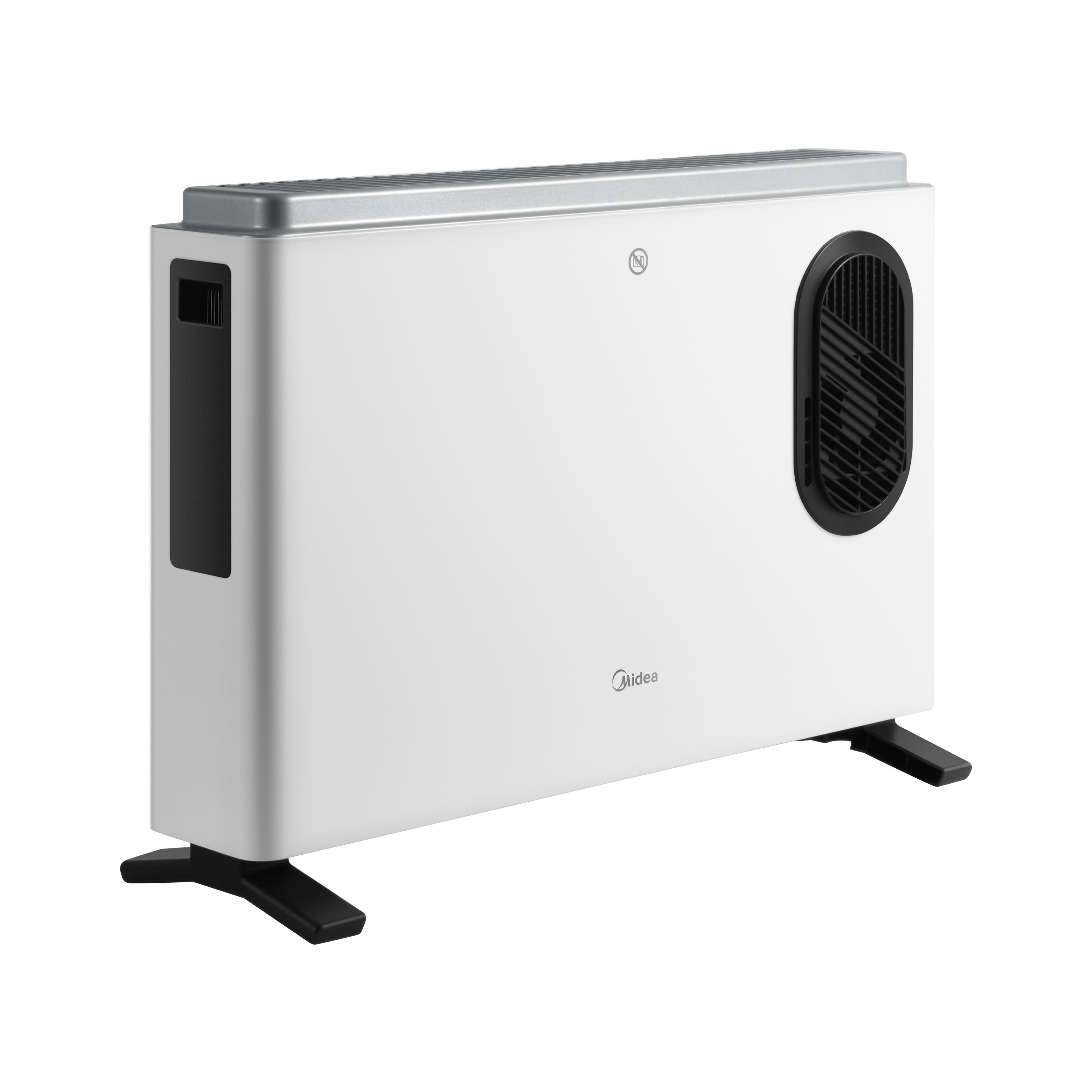 Weißer Elektroheizer. Schwarze Lüftung und Beine, mit dem Midea-Logo.