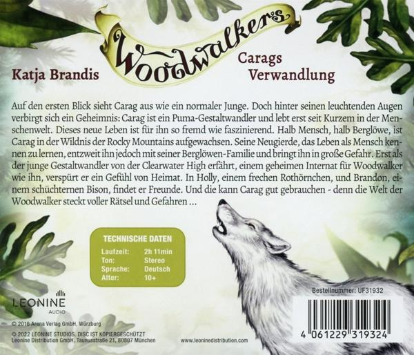 Buchcover von 'Woodwalkers' von Katja Brandis mit Wolf-Illustration. Text auf Deutsch.