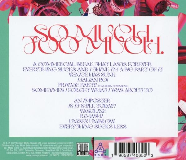 Albumcover für 'So Much Too Much' mit Songtiteln und einem Hintergrund aus Objekten.