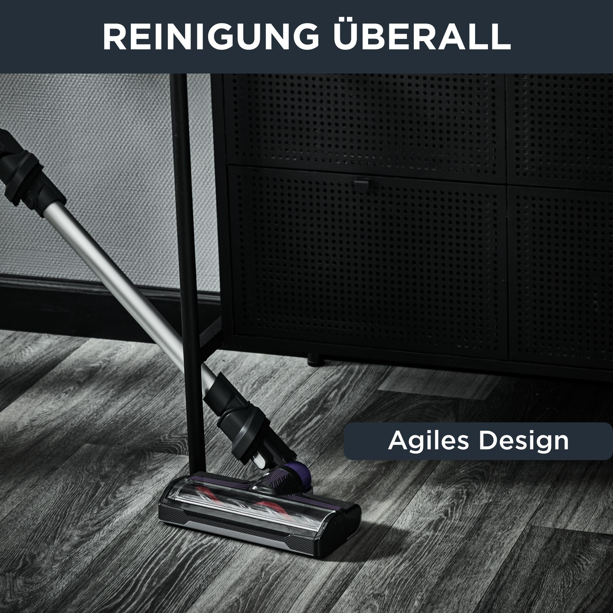 Staubsauger reinigt Holzboden. Text: Überall reinigen. Agiles Design.