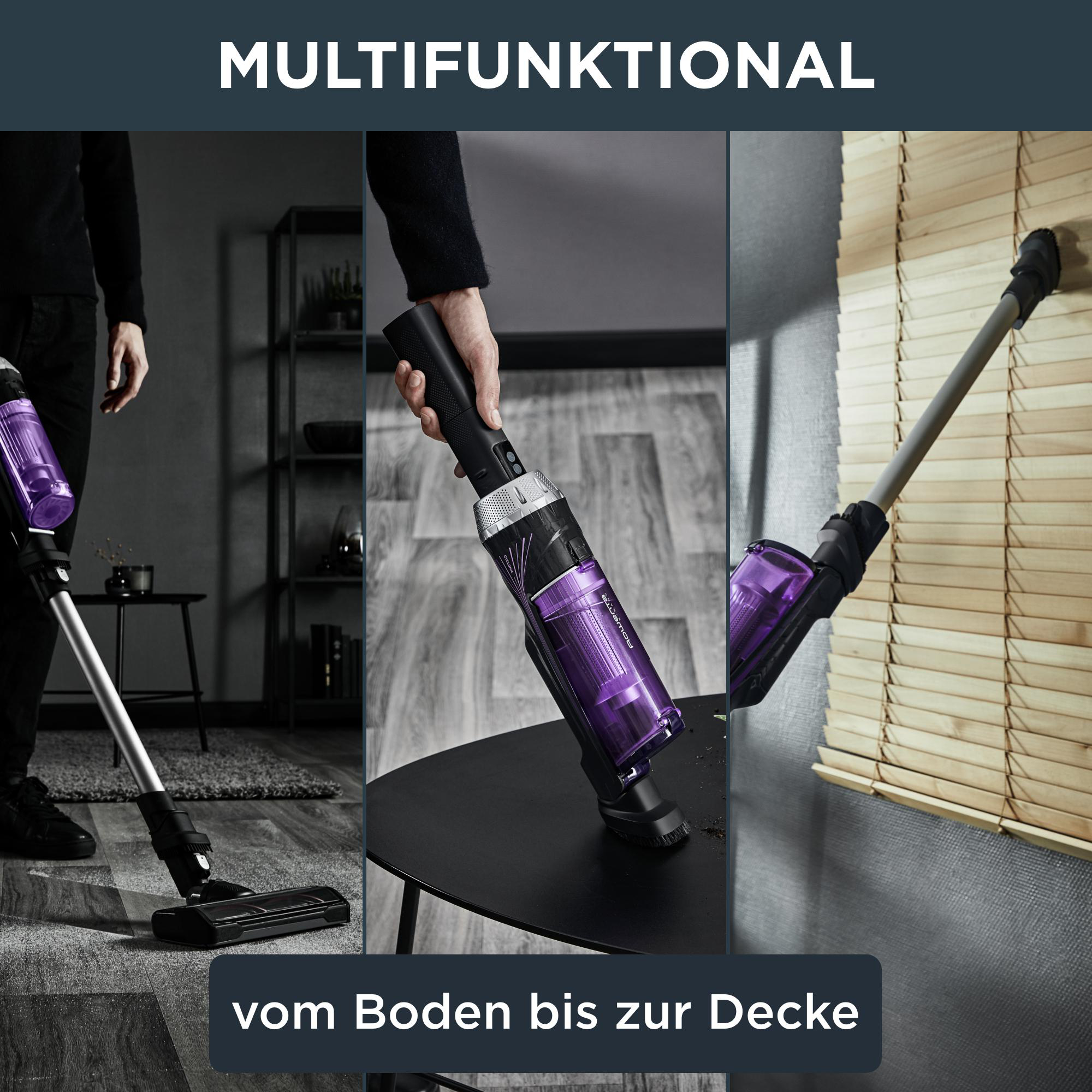Dreiteiliges Bild eines Staubsaugers, der von einer Person auf verschiedenen Oberflächen verwendet wird.
