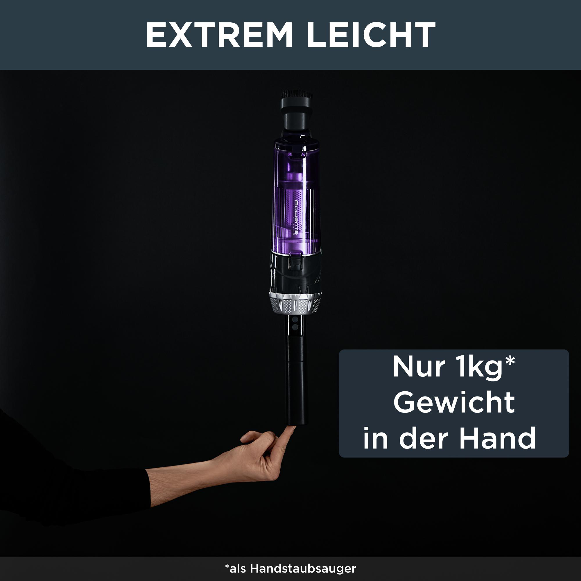 Hand hält einen lila Staubsauger. Text sagt: Nur 1 kg Gewicht in der Hand.