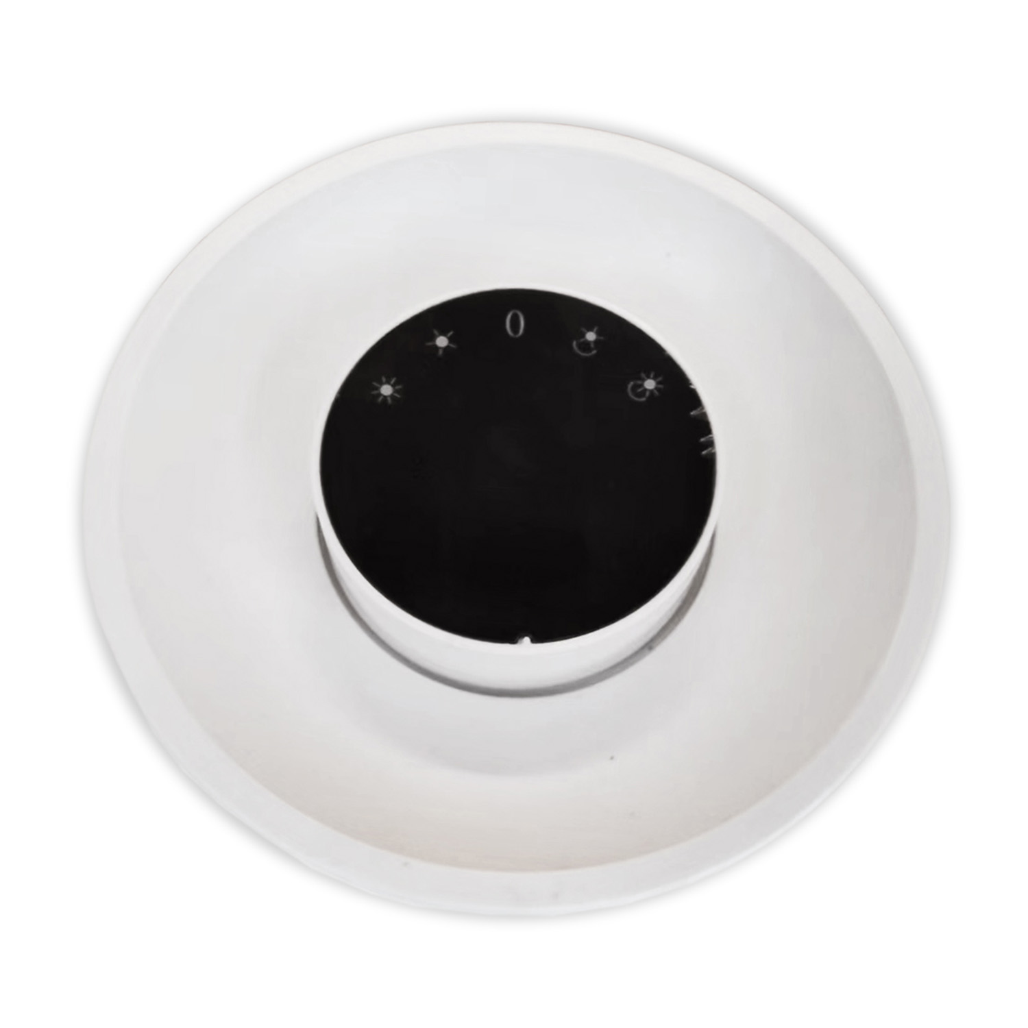 Dispositivo circolare bianco con quadrante centrale nero e anello bianco.