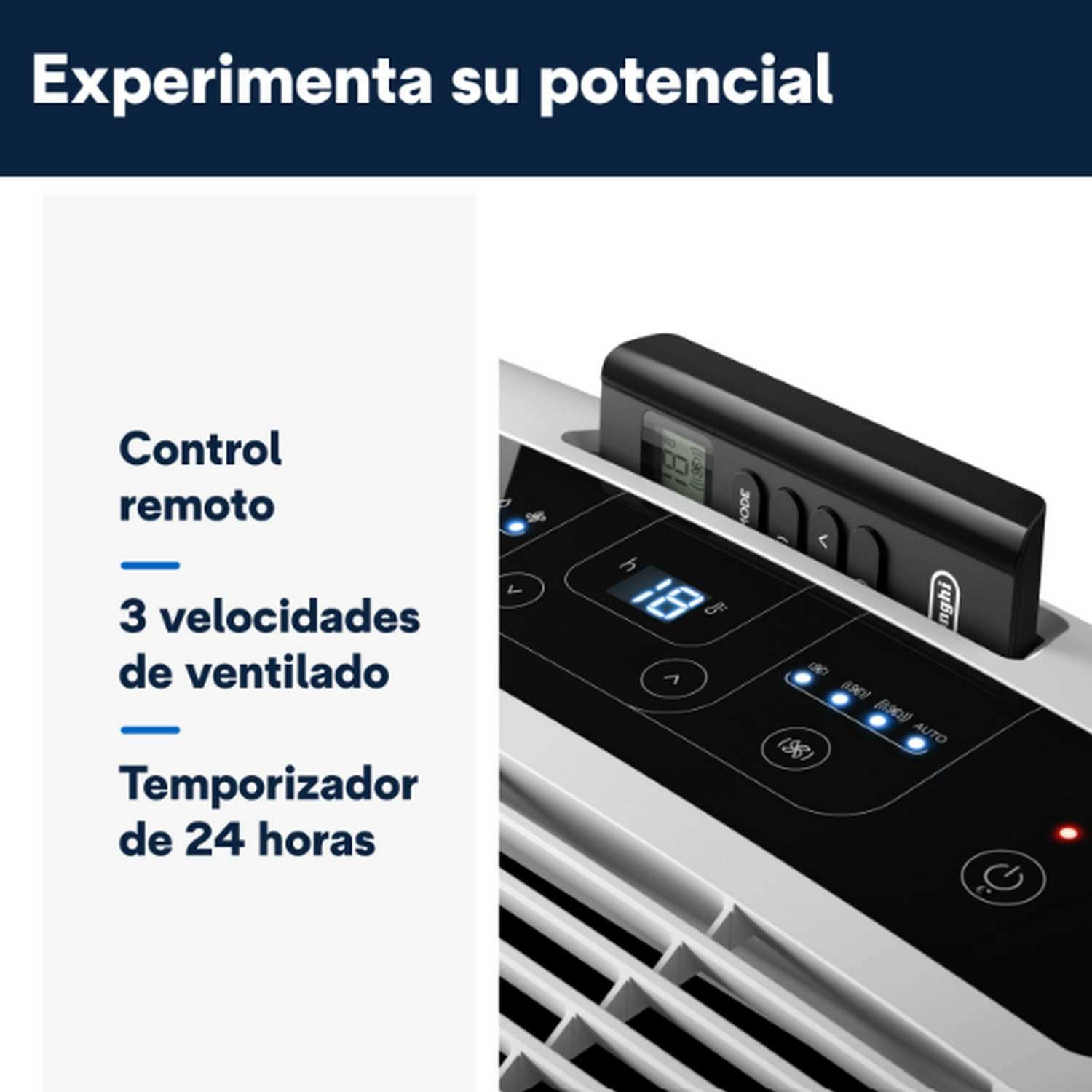 Primer plano de un panel de control de aire acondicionado con texto y botones.