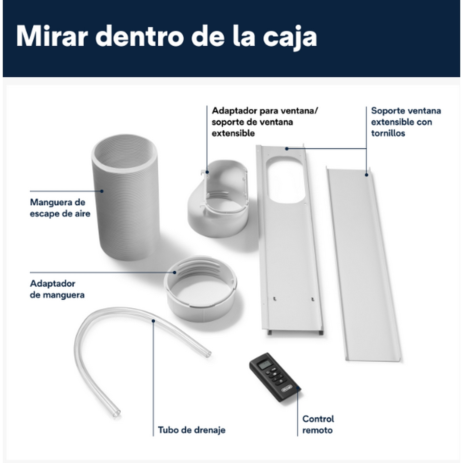 Componentes blancos de un acondicionador de aire portátil, con etiquetas.