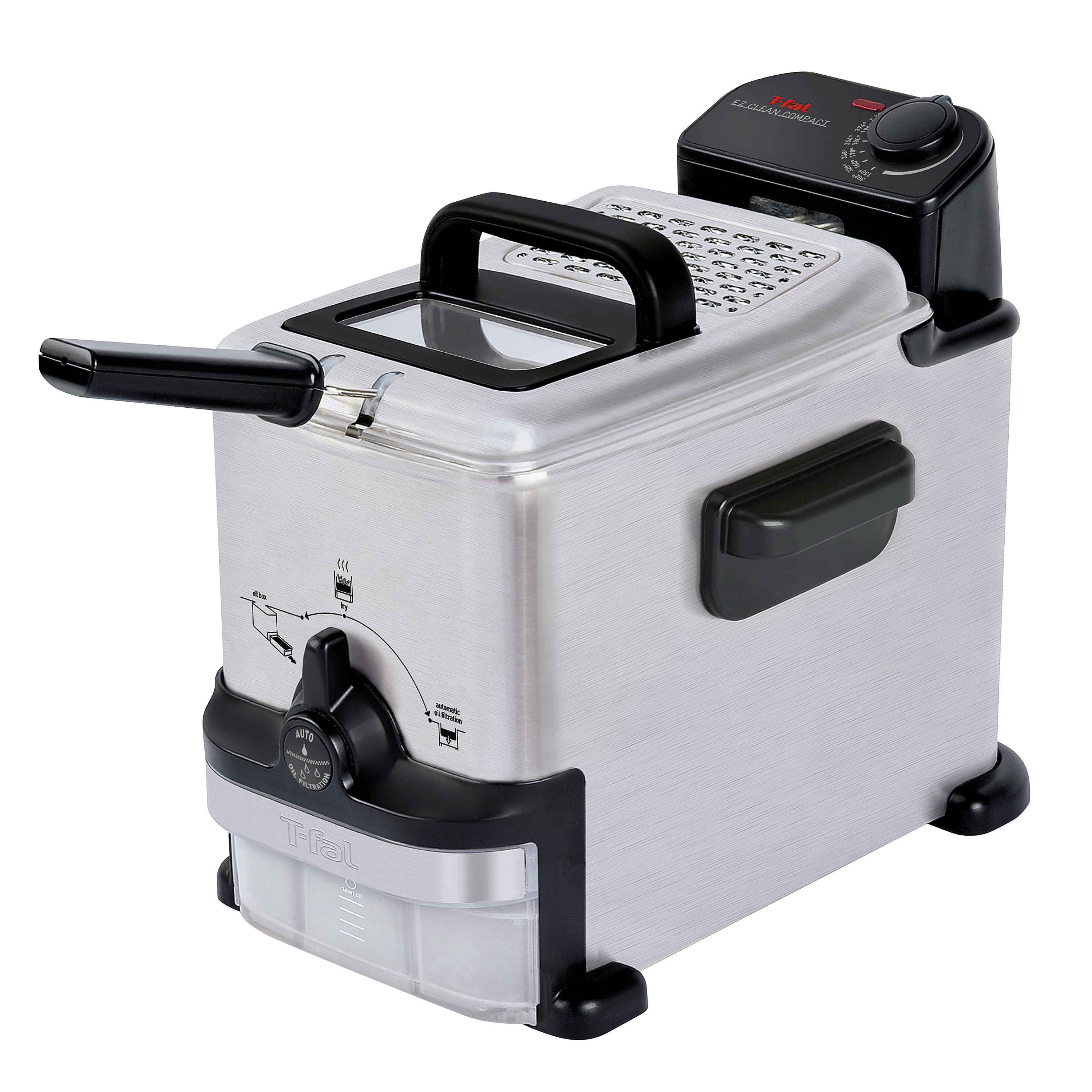 Silberne und schwarze T-fal Fritteuse. Sie hat einen Griff, ein Bedienfeld und ein klares Fenster. Weißer Hintergrund.