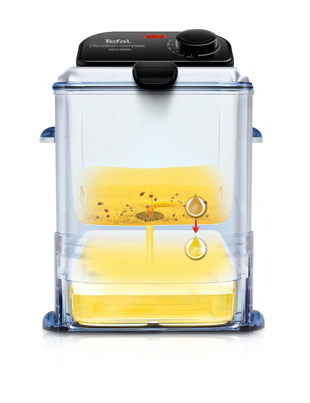 Fritteuse in einem transparenten Behälter. Das Öl ist gelb, und Öltropfen werden gezeigt. Weißer Hintergrund.