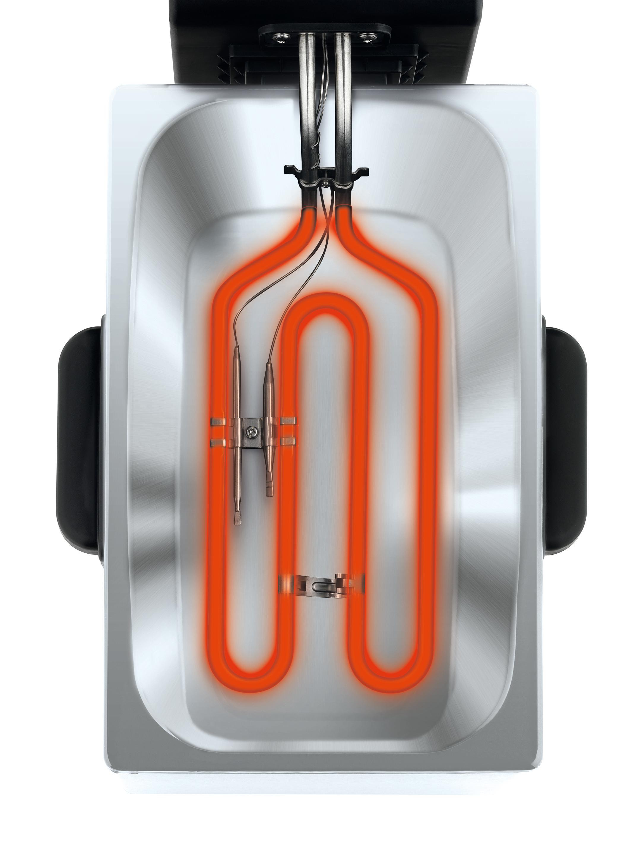 Fritteuse, Draufsicht. Heizelement sichtbar, orange. Metallinnenraum. Edelstahl außen.