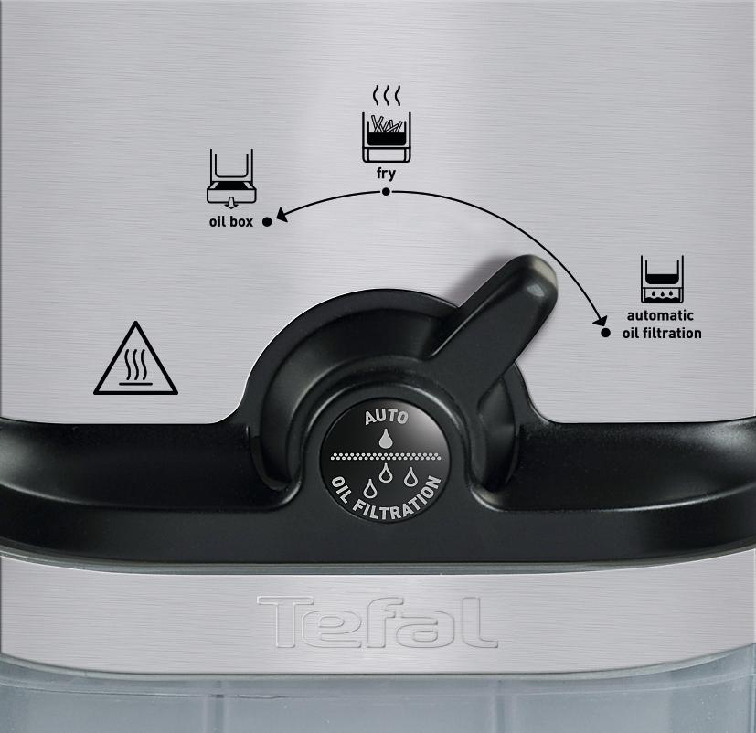 Nahaufnahme des Bedienfelds einer Tefal-Fritteuse mit Ölfilteroptionen.