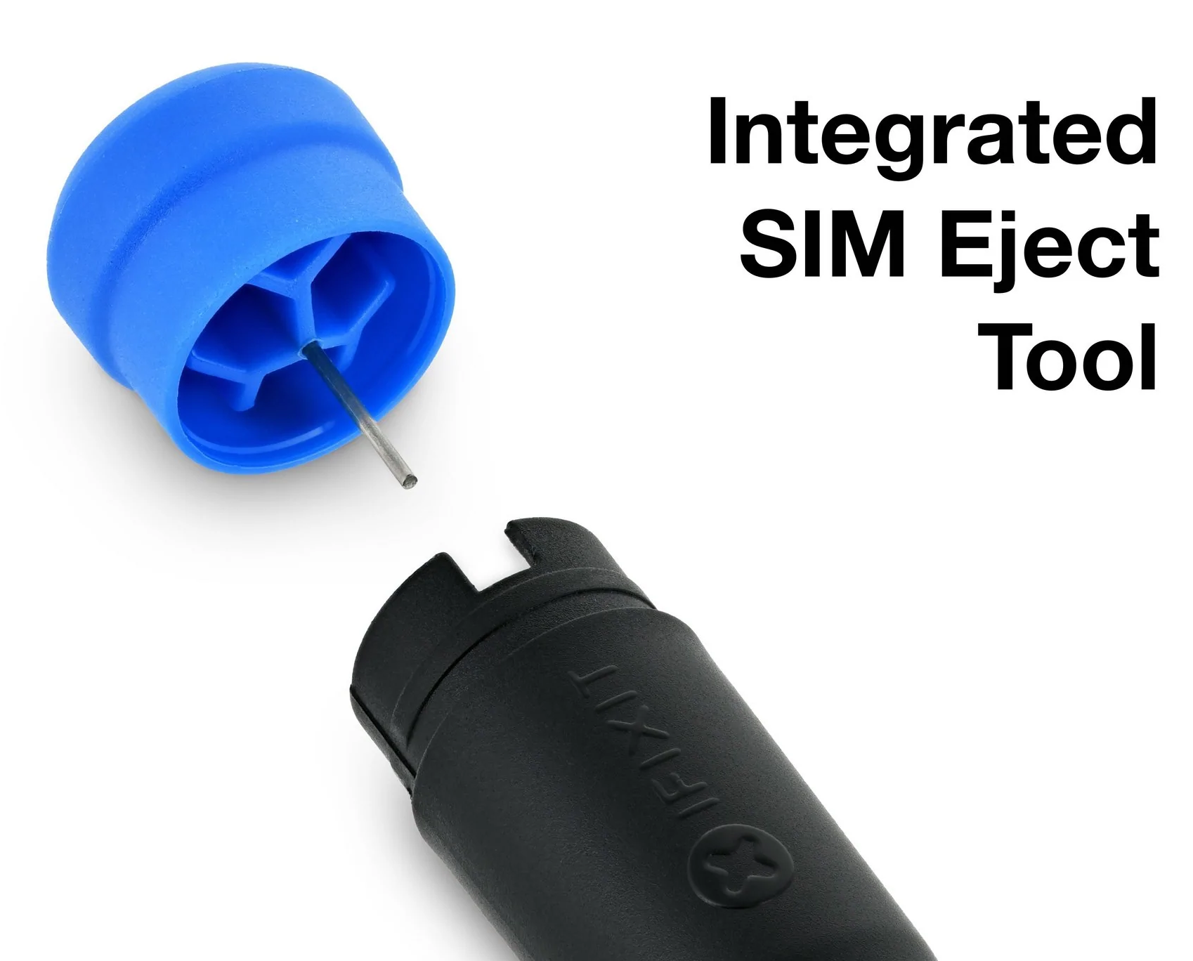 Kék SIM-kidobó szerszám, szerszámfejjel és fekete iFixit fogantyúval.