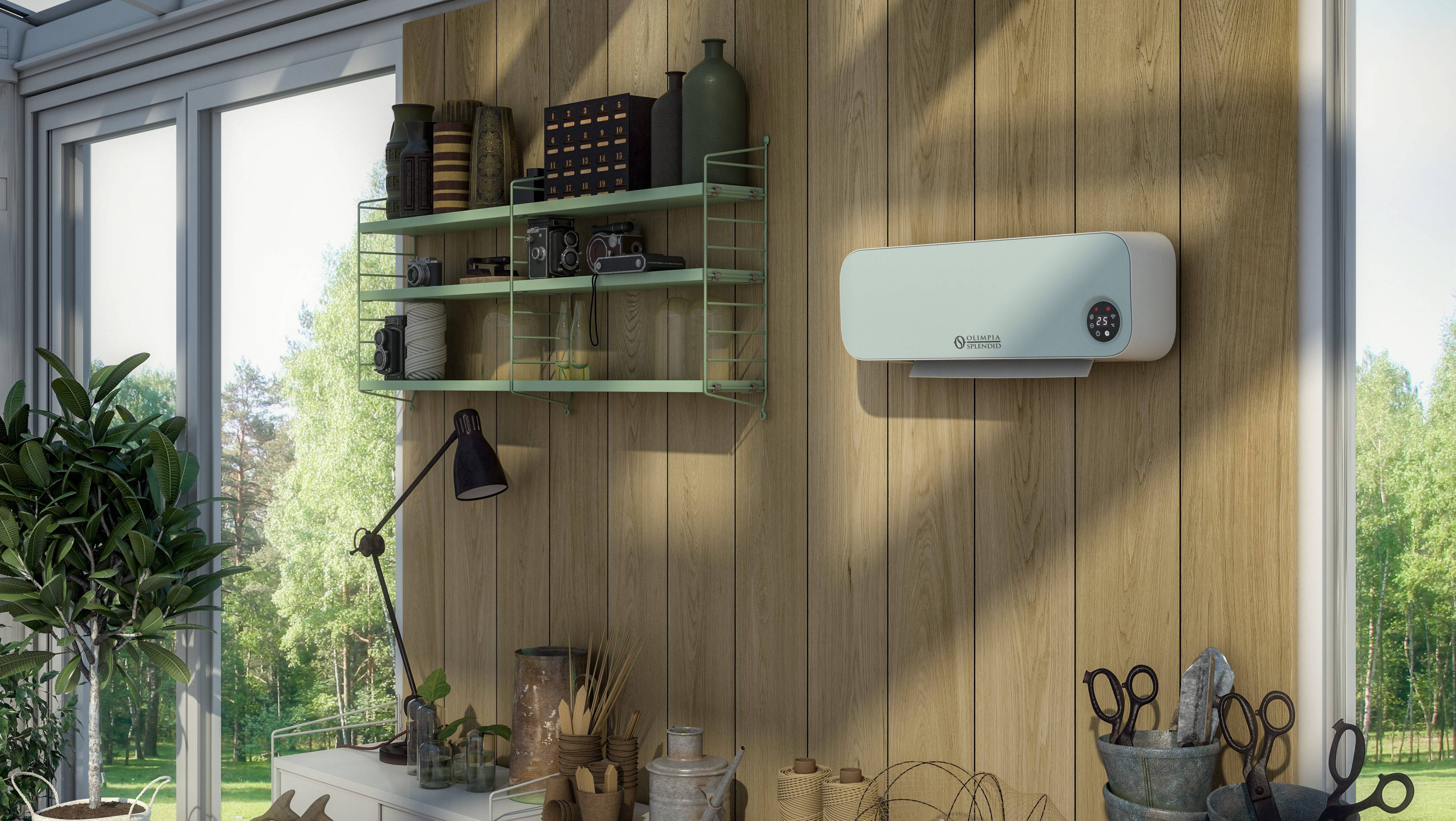 Un termoventilatore a parete azzurro montato su un muro di legno. Una finestra e piante sullo sfondo.