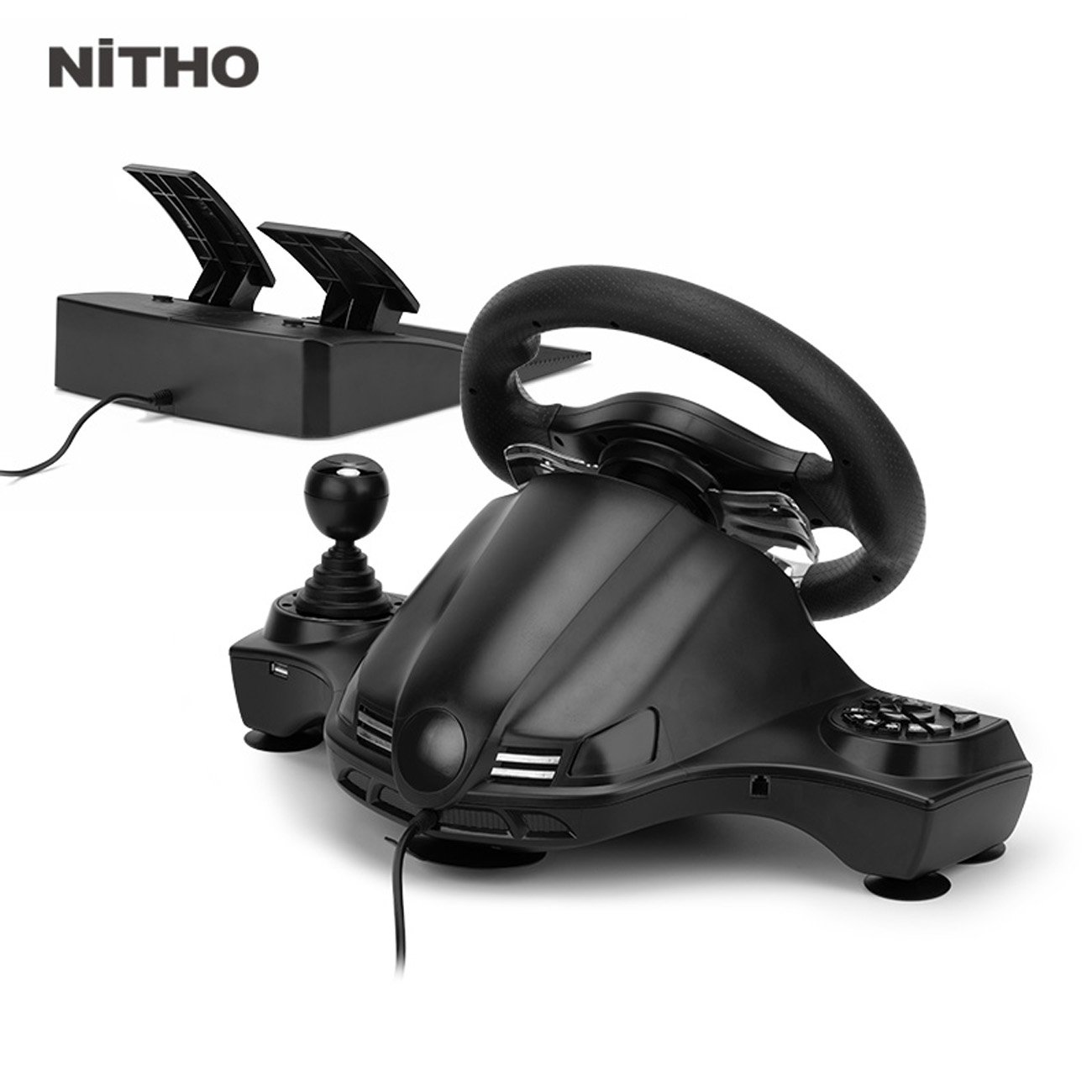 Ein schwarzer Rennspiel-Controller mit Lenkrad, Pedalen und Joystick.