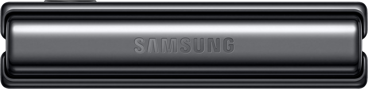 Het Samsung-logo staat op het zilveren oppervlak van een opgevouwen apparaat.