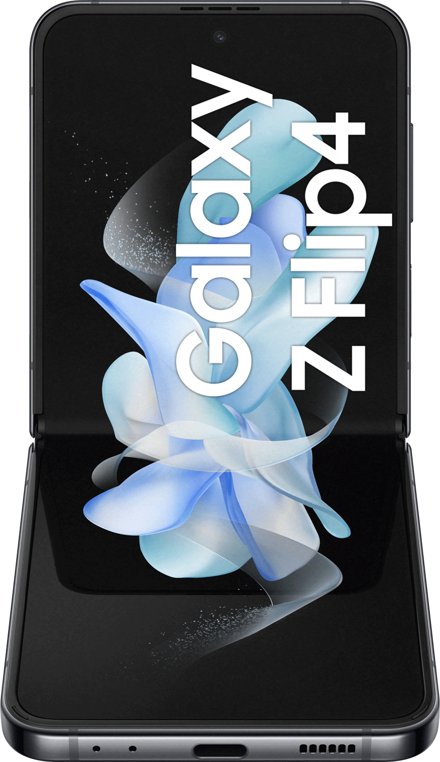 Een zwarte, opgevouwen Samsung Galaxy Z Flip 4-telefoon met een blauw-wit abstract ontwerp op het scherm.