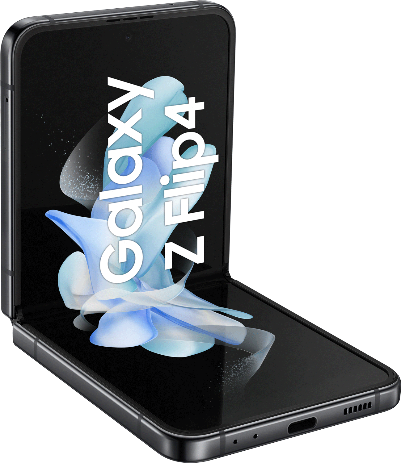 Een zwarte opvouwbare smartphone wordt open getoond. Het scherm staat aan en toont een abstract ontwerp.