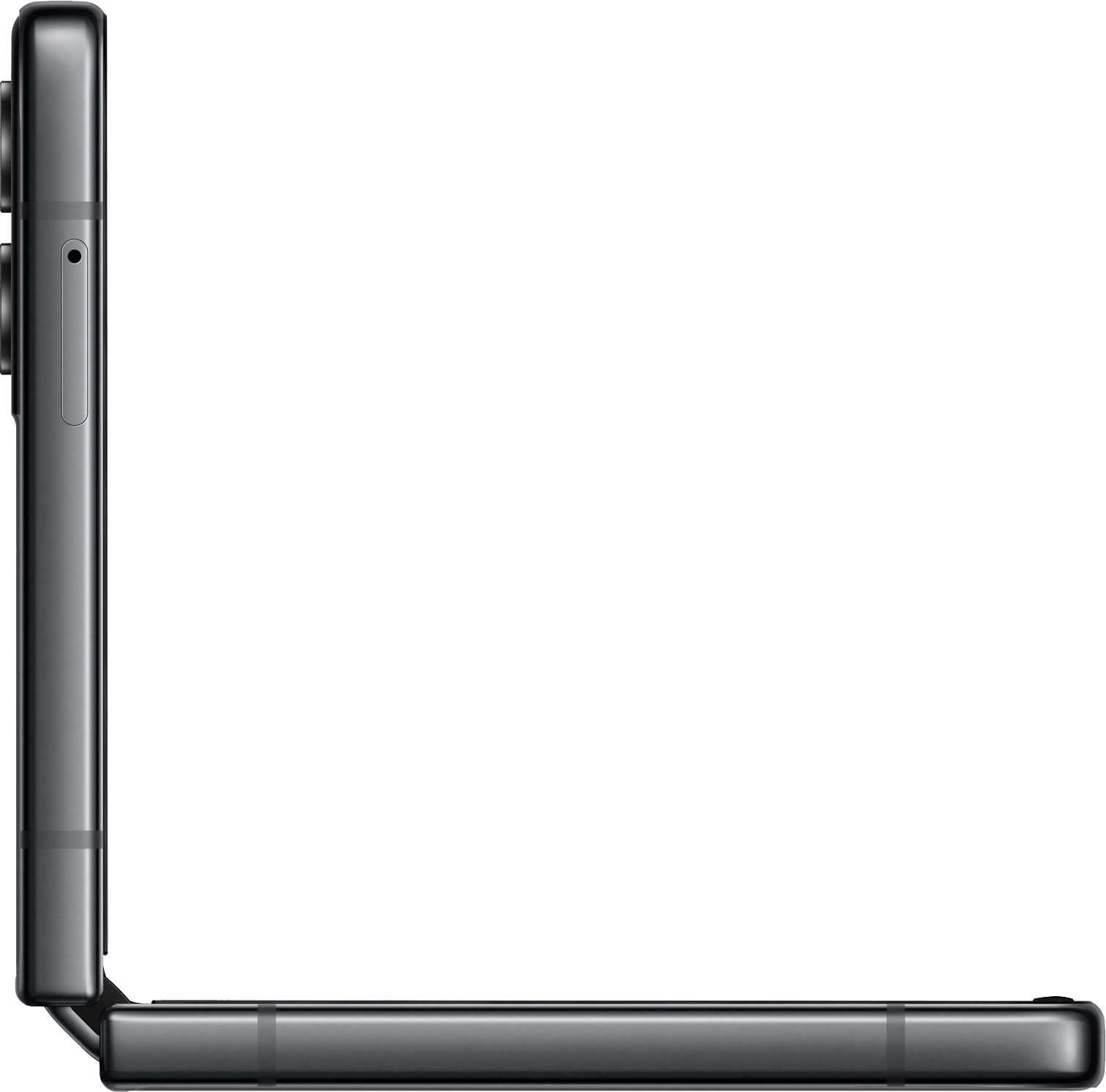 Opvouwbare donkergrijze telefoon, zijaanzicht, zwart scherm. De telefoon is dichtgevouwen.