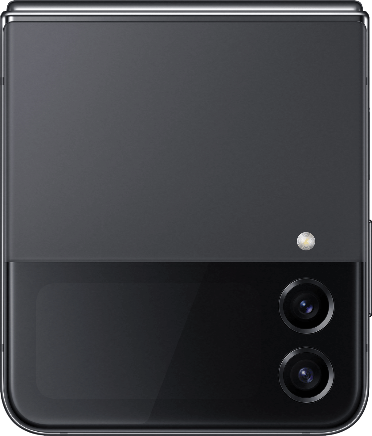 Opvouwbare zwarte smartphone. Twee camera's en een flits zichtbaar.