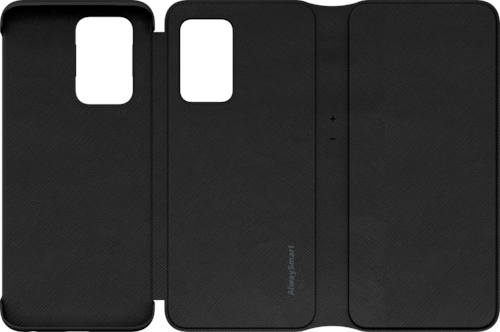 Un étui de téléphone noir ouvert. L'intérieur est noir avec une bande verte. La marque est AlwaysSmart.