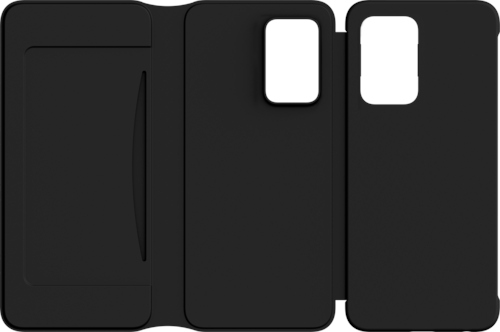 Étui de téléphone noir, ouvert, avec des fentes pour cartes visibles.