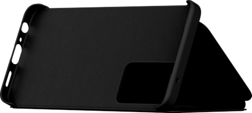 Étui de tablette noir, plié en support. L'étui est sur un fond blanc.