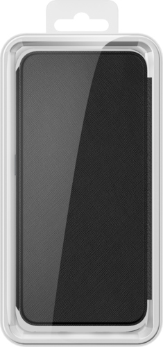 Un étui de téléphone noir est dans un étui en plastique transparent.