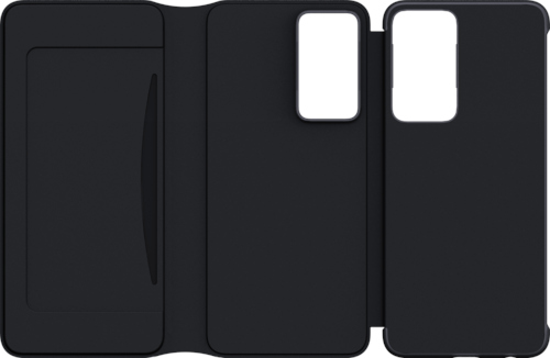 Coque de téléphone noire, ouverte, montrant l'intérieur et la zone pour tenir le téléphone.