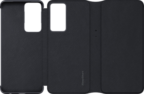 Étui de téléphone noir ouvert. Le téléphone s'insère à l'intérieur. Fond blanc.