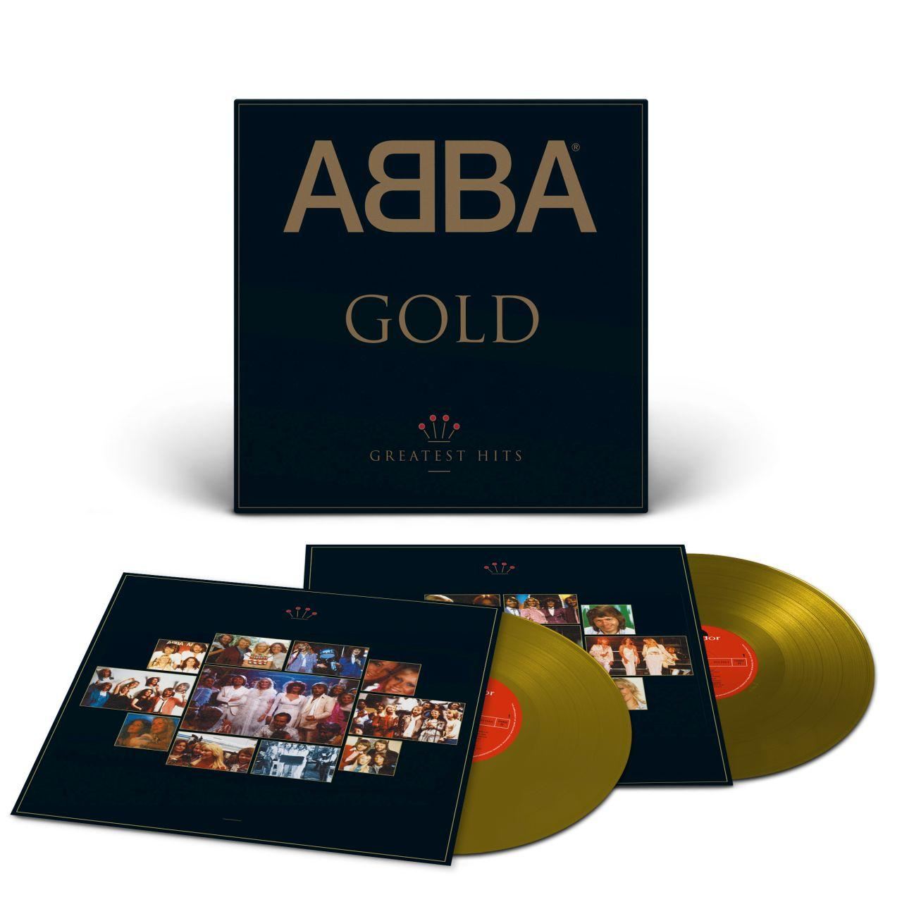 Goldenes ABBA Greatest Hits Album. Geöffnet mit zwei goldenen Vinylplatten.