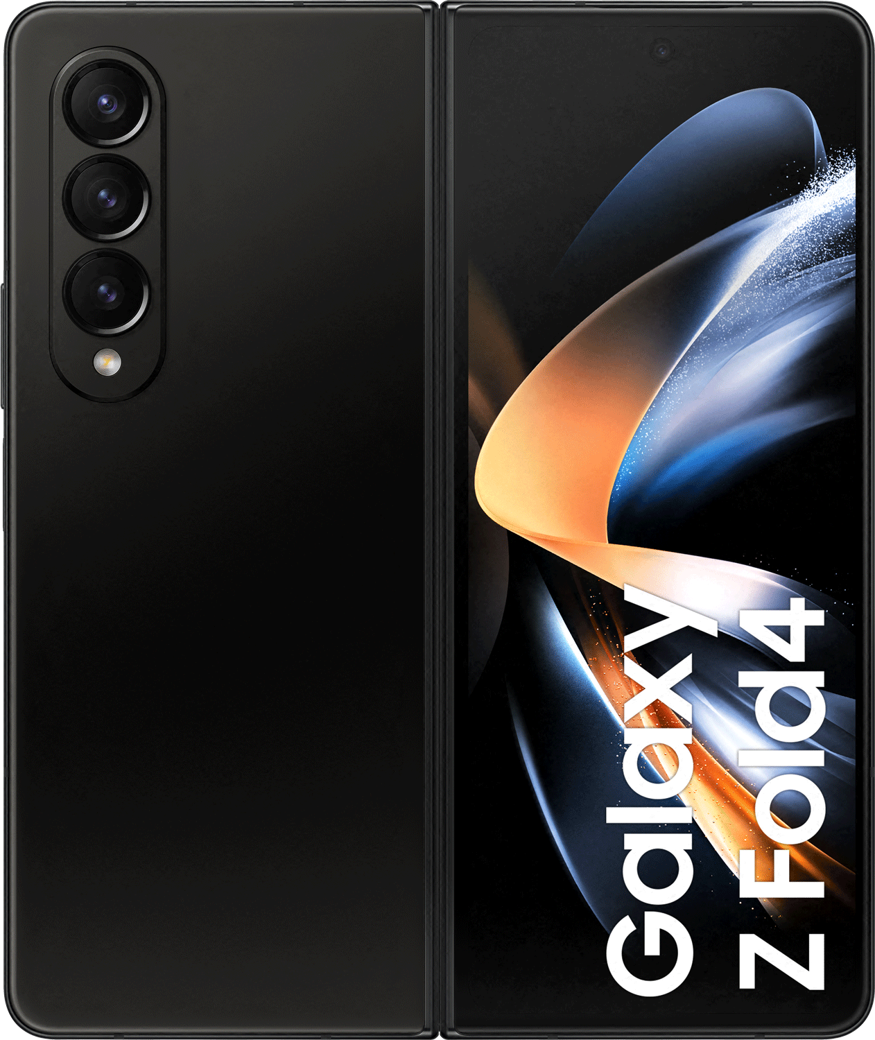 Een zwarte, opgevouwen Samsung Galaxy Z Fold4-telefoon. Het scherm toont abstracte kunst.