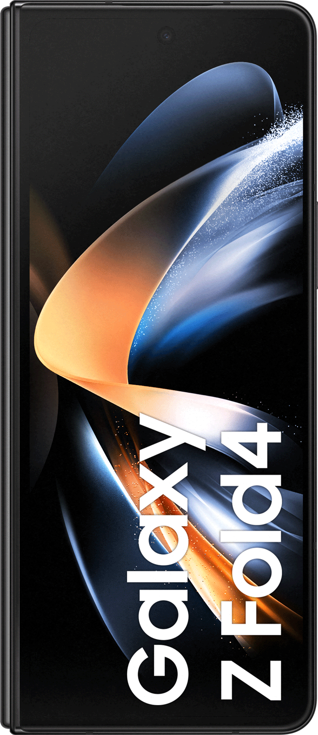 De voorkant van een opgevouwen Samsung Galaxy Z Fold4 smartphone. Het scherm toont een kleurrijk abstract.